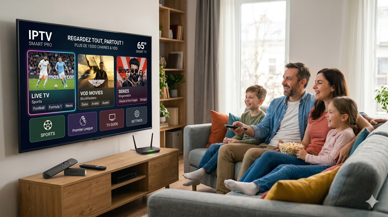 Famiglia guarda l'IPTV in 4K sulla Smart TV